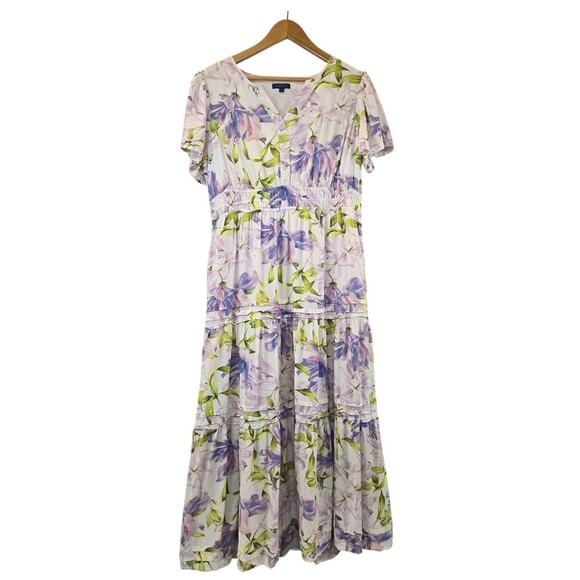 Biltmore Linen Floral V-Neck Midi Dress Romantic Lavender Cream Lined Large - Picture 1 of 10